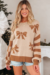 Women’s Bow Checker Stripe Pullover Striped Sleeves Sweater | Zarnesh