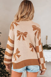 Women’s Bow Checker Stripe Pullover Striped Sleeves Sweater | Zarnesh