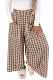 Women's brown plaid wide leg pants with patch pockets and white top
