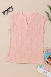 Women’s Casual Wavy Textured Button V-Neck Cap Sleeve Shirt | Zarnesh