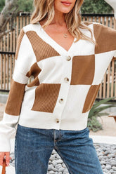 Women’s Checker Buttoned V-Neck Cardigan Sweater | Zarnesh