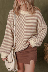 Women’s Checkerboard Stripe Knit Balloon Sleeve Sweater | Zarnesh
