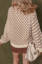 Women’s Checkerboard Stripe Knit Balloon Sleeve Sweater | Zarnesh