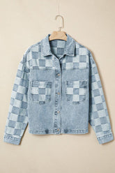 Women’s Checkered Denim Patchwork Buttoned Jacket | Zarnesh