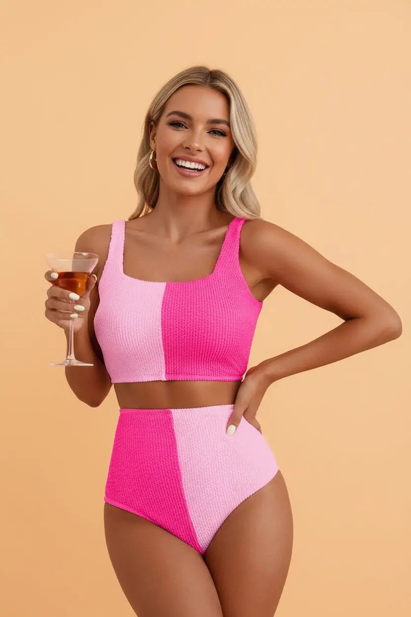 Women's Corded Color Block Square High Waist Bikini Set | Zarnesh