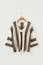 Women's Colorblock Striped V-Neck 3/4 Sleeve Knit Sweater | Zarnesh