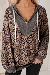 Women's Contrast Leopard Ribbed Knit Half-Zip Hoodie | Zarnesh