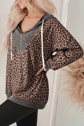 Women's Contrast Leopard Ribbed Knit Half-Zip Hoodie | Zarnesh