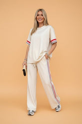 Women’s Contrast Striped Crewneck Tee Straight Leg Pants Set | Zarnesh