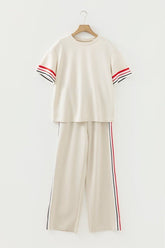Women’s Contrast Striped Crewneck Tee Straight Leg Pants Set | Zarnesh