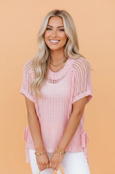 Women's Crochet Short Sleeve Side Tie Hollow-out Sweater | Zarnesh