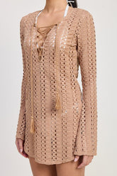 Women's Crochet V Neck Lace Up Cover Up Mini Dress | Zarnesh