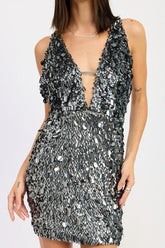 Women’s Deep V Glitter Paillette Neck Open Back Mini Dress | Zarnesh