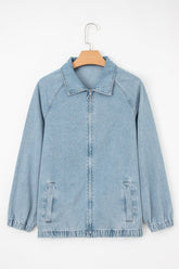 Women’s Denim Collared Elastic Edge Zip-Up Pocketed Jacket | Zarnesh
