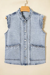 Women’s Denim Ruffled Scallop Button Front Patch Pocket Vest | Zarnesh