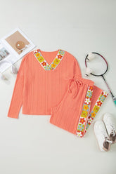 Women’s Floral Crochet Knit Trim Textured Loungewear Set | Zarnesh
