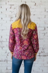 Women’s Floral Long Sleeve Patchwork Split V-Neck Blouse | Zarnesh
