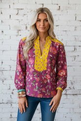 Women’s Floral Long Sleeve Patchwork Split V-Neck Blouse | Zarnesh