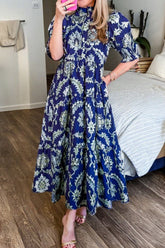 Women’s Floral Print Frilled Collar Half Sleeve Long Dress | Zarnesh