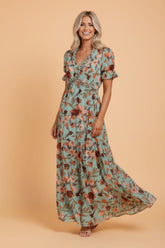 Women’s Floral Print Frilled V-Neck Short Sleeve Maxi Dress | Zarnesh