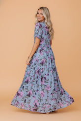 Women’s Floral Print Frilled V-Neck Short Sleeve Maxi Dress | Zarnesh