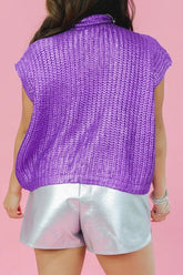 Women’s Foiled Mock Neck Short Sleeve Knit Sweater | Zarnesh