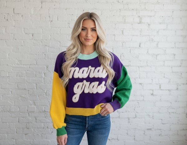 Women’s Fuzzy ColorBlock Mardi Gras Patchwork Sweater | Zarnesh