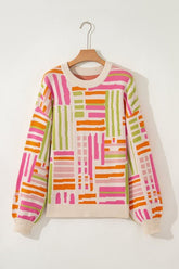 Women’s Geometric Puff Sleeve Striped Crewneck Sweater | Zarnesh