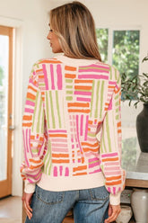 Women’s Geometric Puff Sleeve Striped Crewneck Sweater | Zarnesh