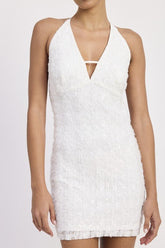 Women Halter Neck Deep V Cut Open Back Tie Mini Lace Dress Zarnesh