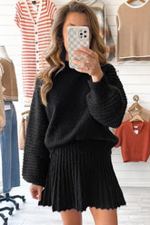 Women's High Neck Solid Sweater Pleated Mini Skirt Set | Zarnesh