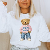 Women’s Jesus Loves Me Teddy Bear Crew Neck Sweatshirt | Zarnesh