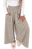 Women's khaki plaid wide leg pants with patch pockets and white top
