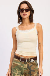 Women’s Layered Ribbed Tank Spaghetti Strap Lace Trim | Zarnesh