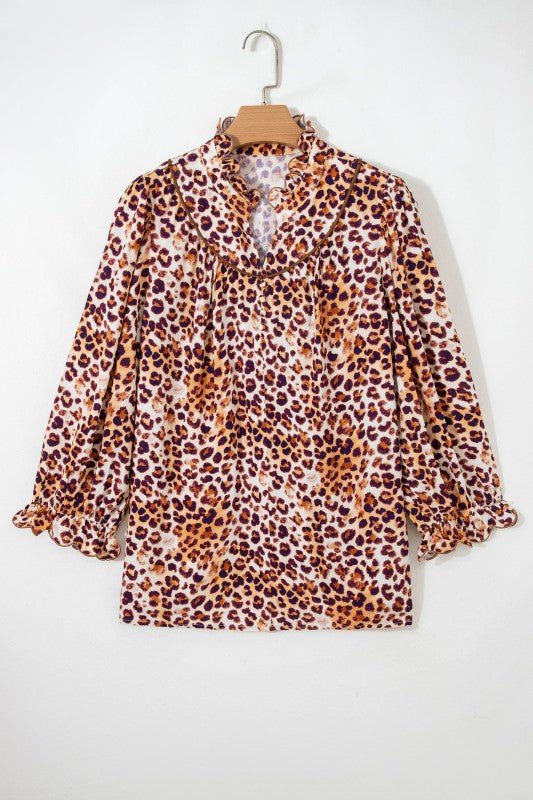 Women’s Leopard Plus Size Frilled Ruffle Neck Blouse | Zarnesh