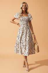 Women’s Leopard Smocked Ruffle Sleeve Square Neck Midi Dress | Zarnesh