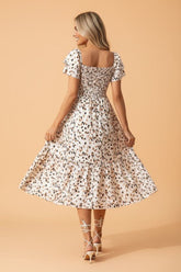 Women’s Leopard Smocked Ruffle Sleeve Square Neck Midi Dress | Zarnesh