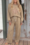 Women's khaki leopard star print top and wide leg pants set, front view