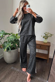 Women's gray leopard varsity stripe top and wide leg pants set, front view