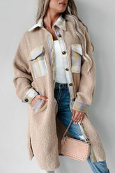 Women’s Long Sherpa Plaid Patchwork Collared Coat | Zarnesh