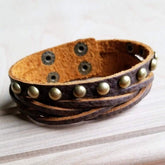 Women’s Multi-Strand Leather Cuff Antique Gold Studs Bracelet | Zarnesh