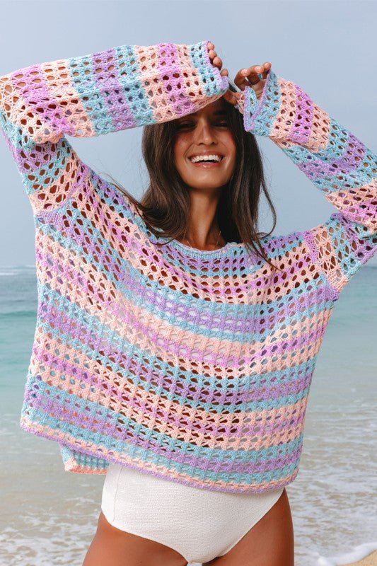 Women's Multi Stripe Open Knit Sweater Cover-Up Beach | Zarnesh