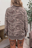 Women's muted camo print mock neck sweatshirt, back view