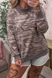 Women's muted camo print mock neck pullover sweatshirt with shorts, front view
