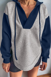 Women's Patchwork Colorblock V-Neck Drawstring Hoodie | Zarnesh