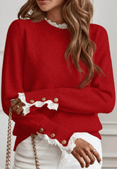 Women’s Patchwork Lace Trim Buttoned Cuff Sweater | Zarnesh
