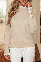 Women’s Patchwork Lace Trim Buttoned Cuff Sweater | Zarnesh