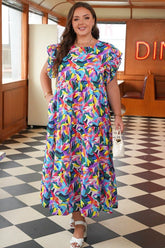 Women's Plus Size Geometric Ruffle Sleeve Tiered Maxi Dress | Zarnesh