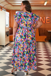 Women's Plus Size Geometric Ruffle Sleeve Tiered Maxi Dress | Zarnesh
