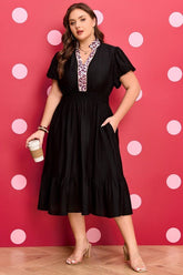 Women's Plus Size Leopard Ruffle V-Neck Smocked Midi Dress | Zarnesh